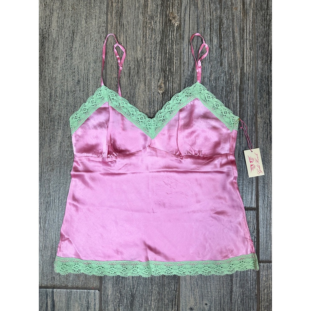 Gold Hawk Pink Silk Cami‎ Top Green Lace Trim Lingerie Sleeveless Tank New S